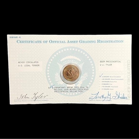 NIB 2009 Presidential J. TYLER Coin w/ Certificate Of Asset Grading Medallion - Picture 1 of 2